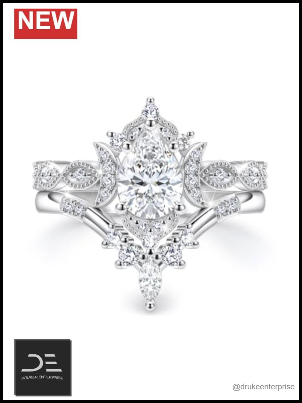 Sterling Silver Pear Moissanite Bridal Wedding Ring Set Engagement Ring